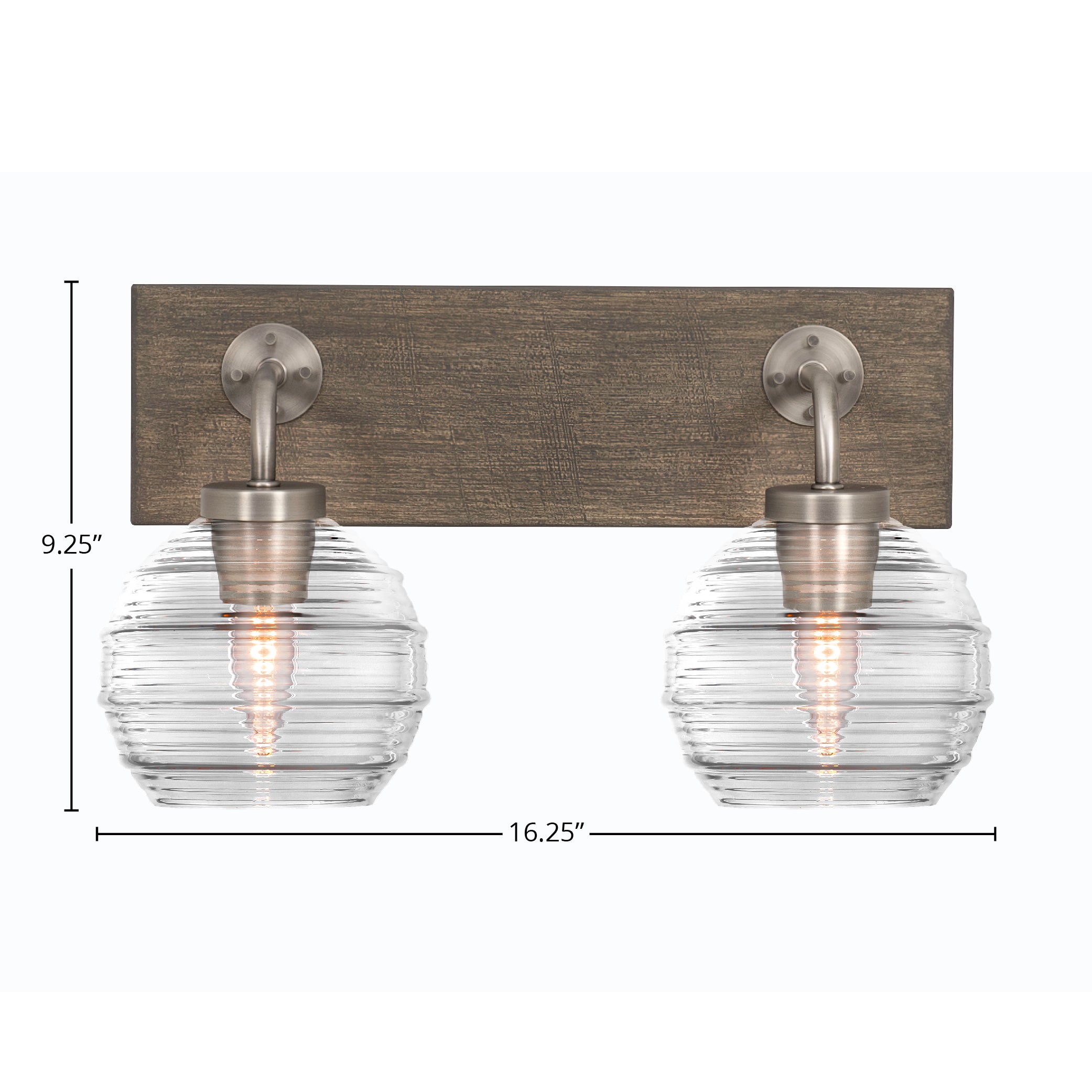Oxbridge Two Light Bath Bar in Graphite & Painted Distressed Wood-look Metal with 6" Clear Ribbed Shade