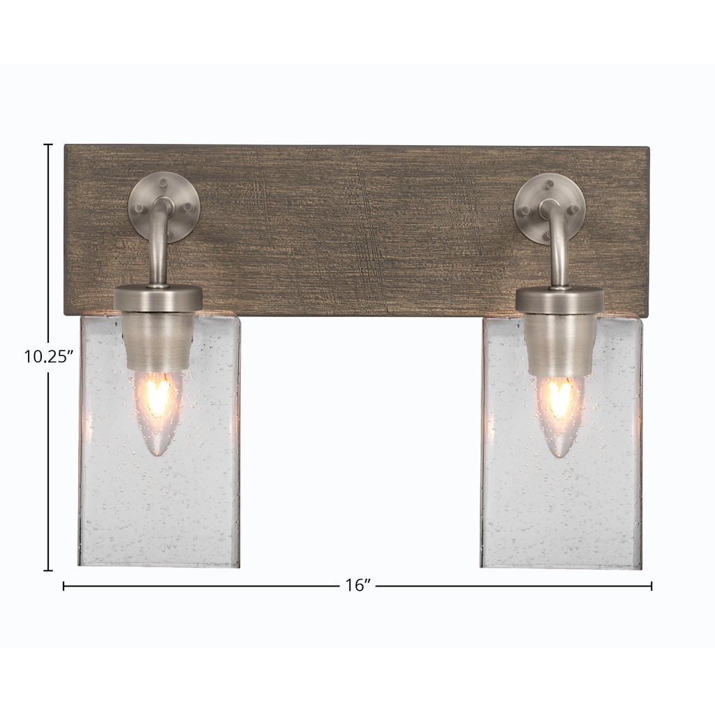 Oxbridge Two Light Bath Bar in Graphite & Painted Distressed Wood-look Metal with 4" Square Clear Bubble Shade
