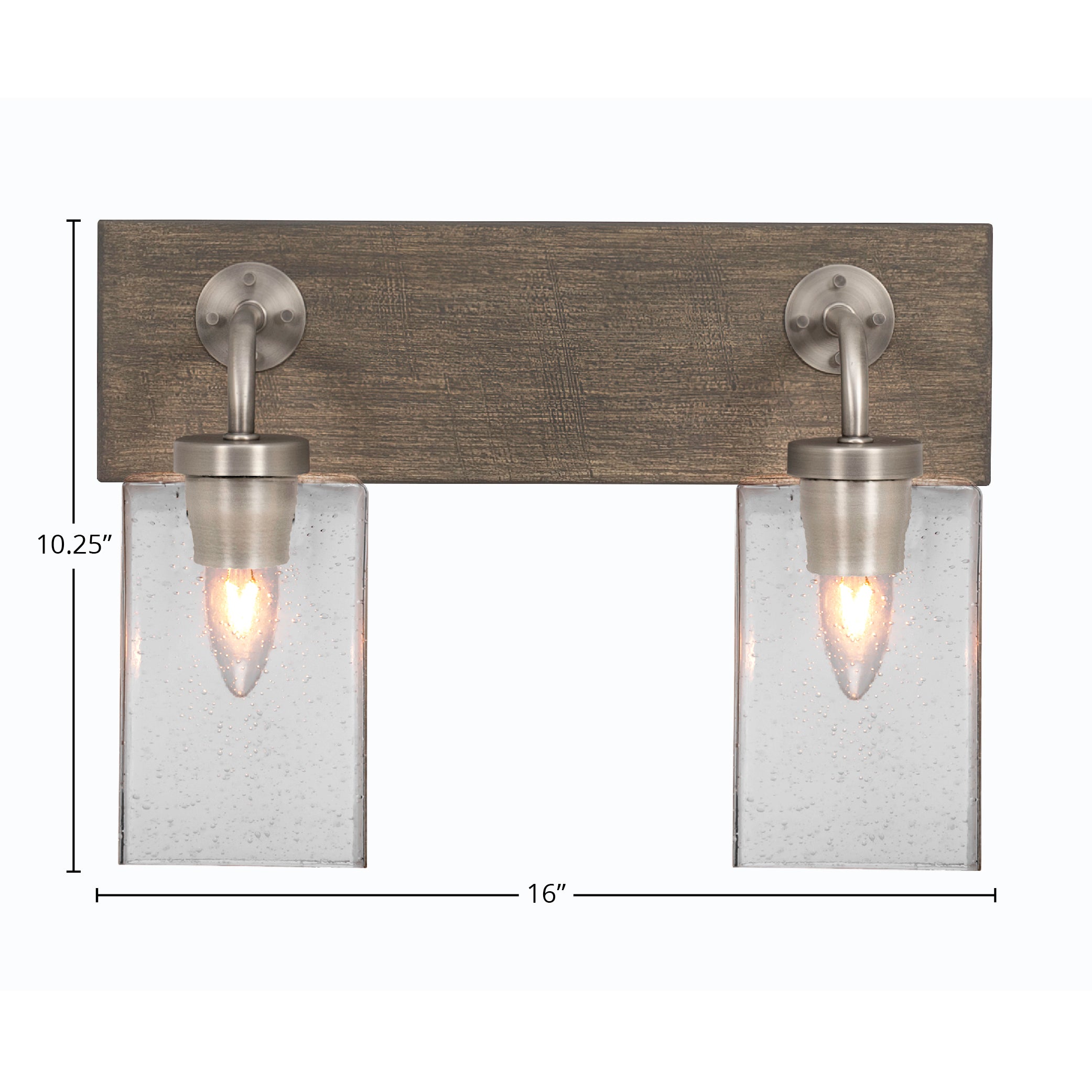 Oxbridge Two Light Bath Bar in Graphite & Painted Distressed Wood-look Metal with 4" Square Clear Bubble Shade