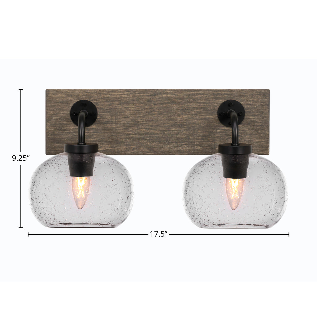 Oxbridge Two Light Bath Bar in Matte Black & Painted Distressed Wood-look Metal with 7" Clear Bubble Shade