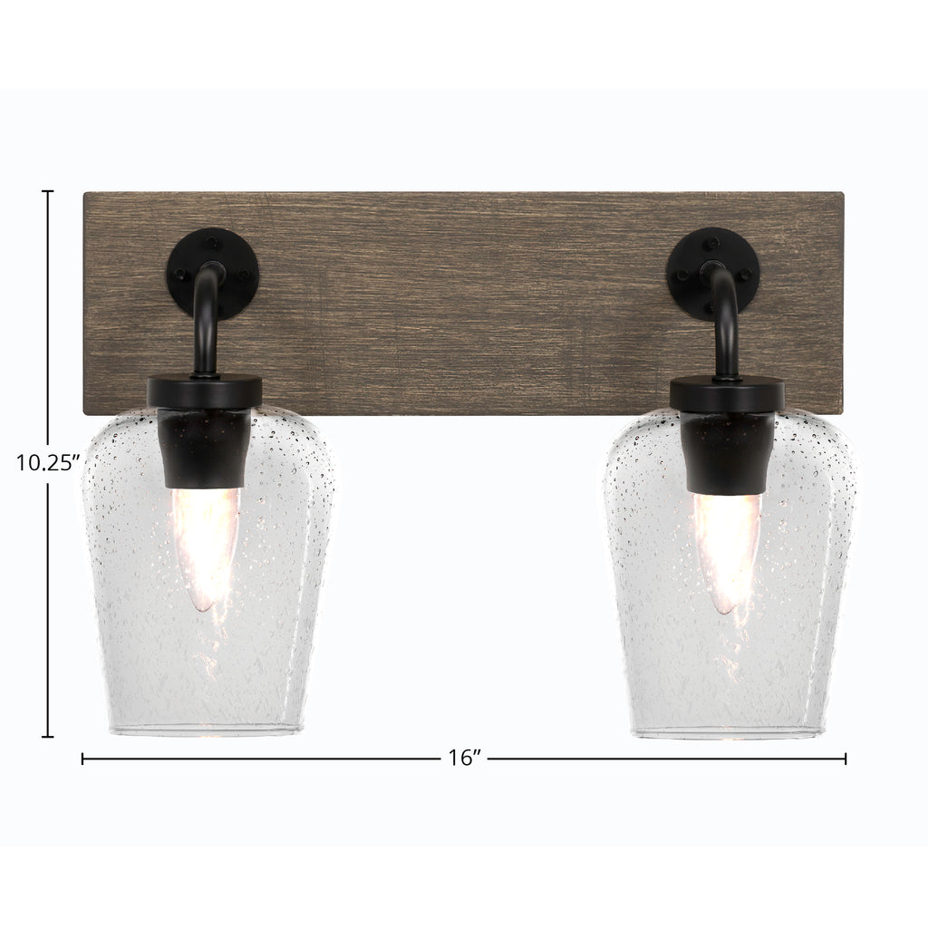 Oxbridge Two Light Bath Bar in Matte Black & Painted Distressed Wood-look Metal with 5" Clear Bubble Shade