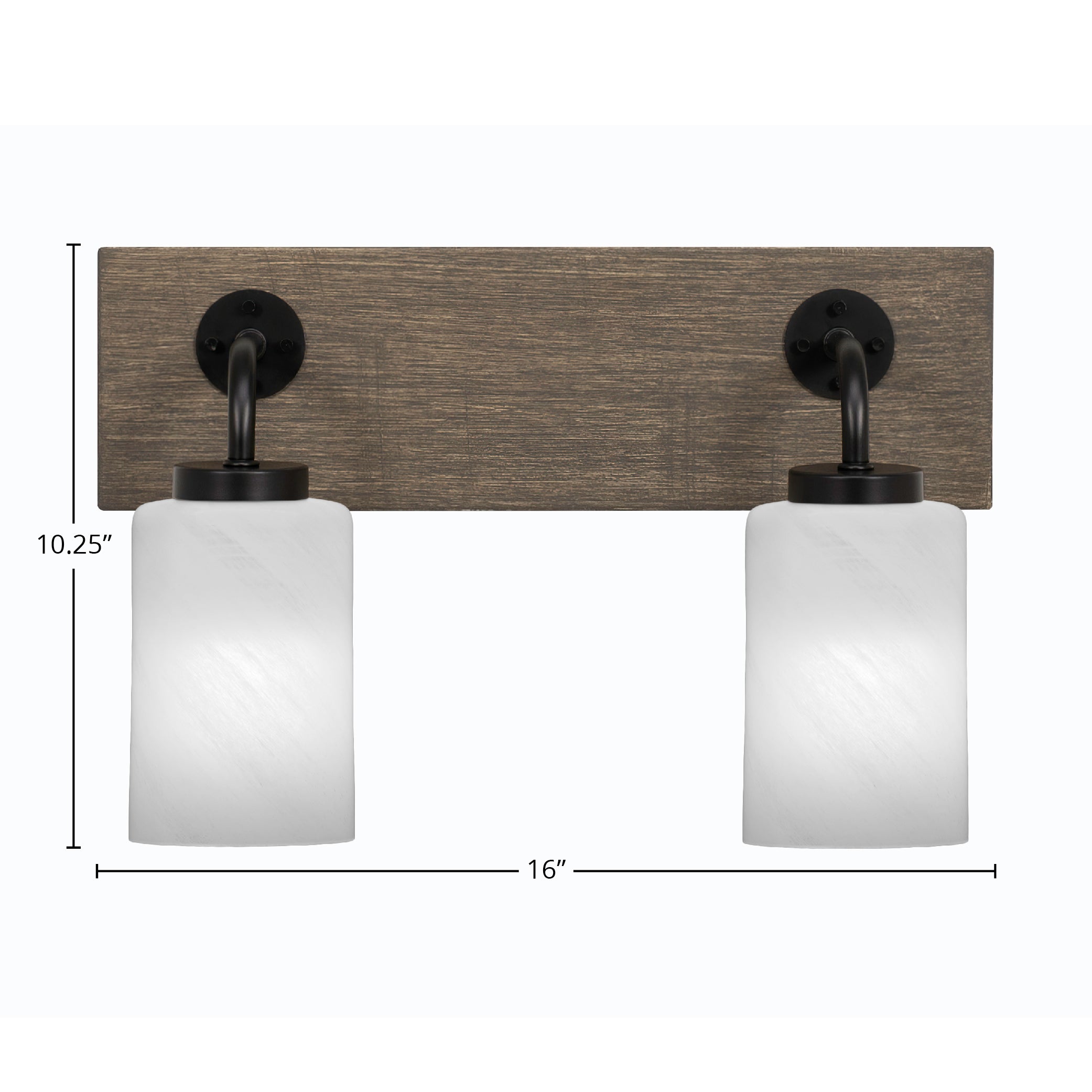 Oxbridge Two Light Bath Bar in Matte Black & Painted Distressed Wood-look Metal with 4" White Marble Shade