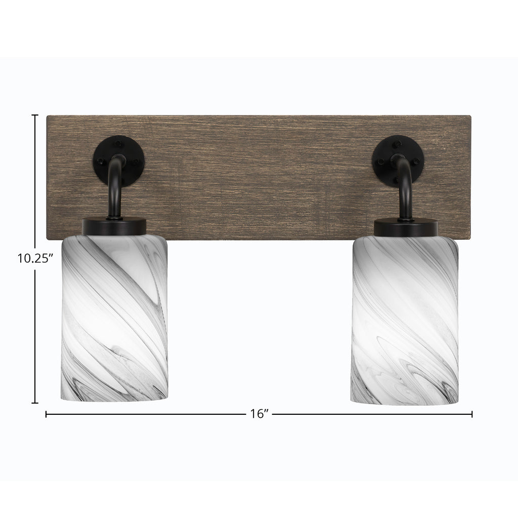 Oxbridge Two Light Bath Bar in Matte Black & Painted Distressed Wood-look Metal with 4" Onyx Swirl Shade