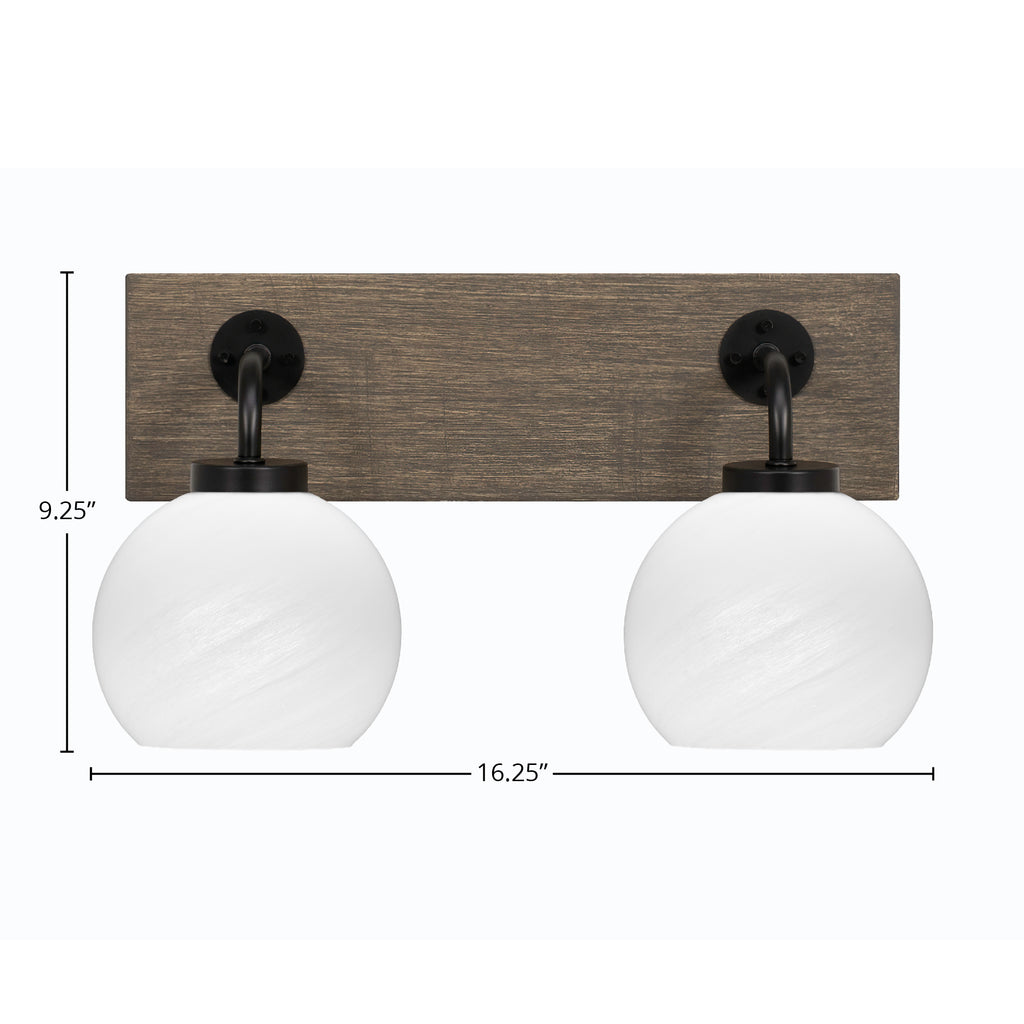 Oxbridge Two Light Bath Bar in Matte Black & Painted Distressed Wood-look Metal with 5.75" White Marble Shade