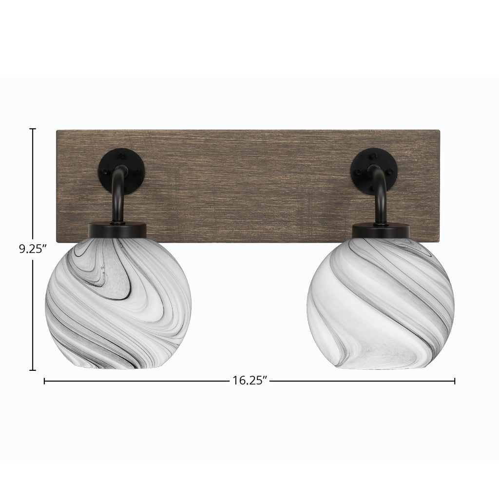 Oxbridge Two Light Bath Bar in Matte Black & Painted Distressed Wood-look Metal with 5.75" Onyx Swirl Shade