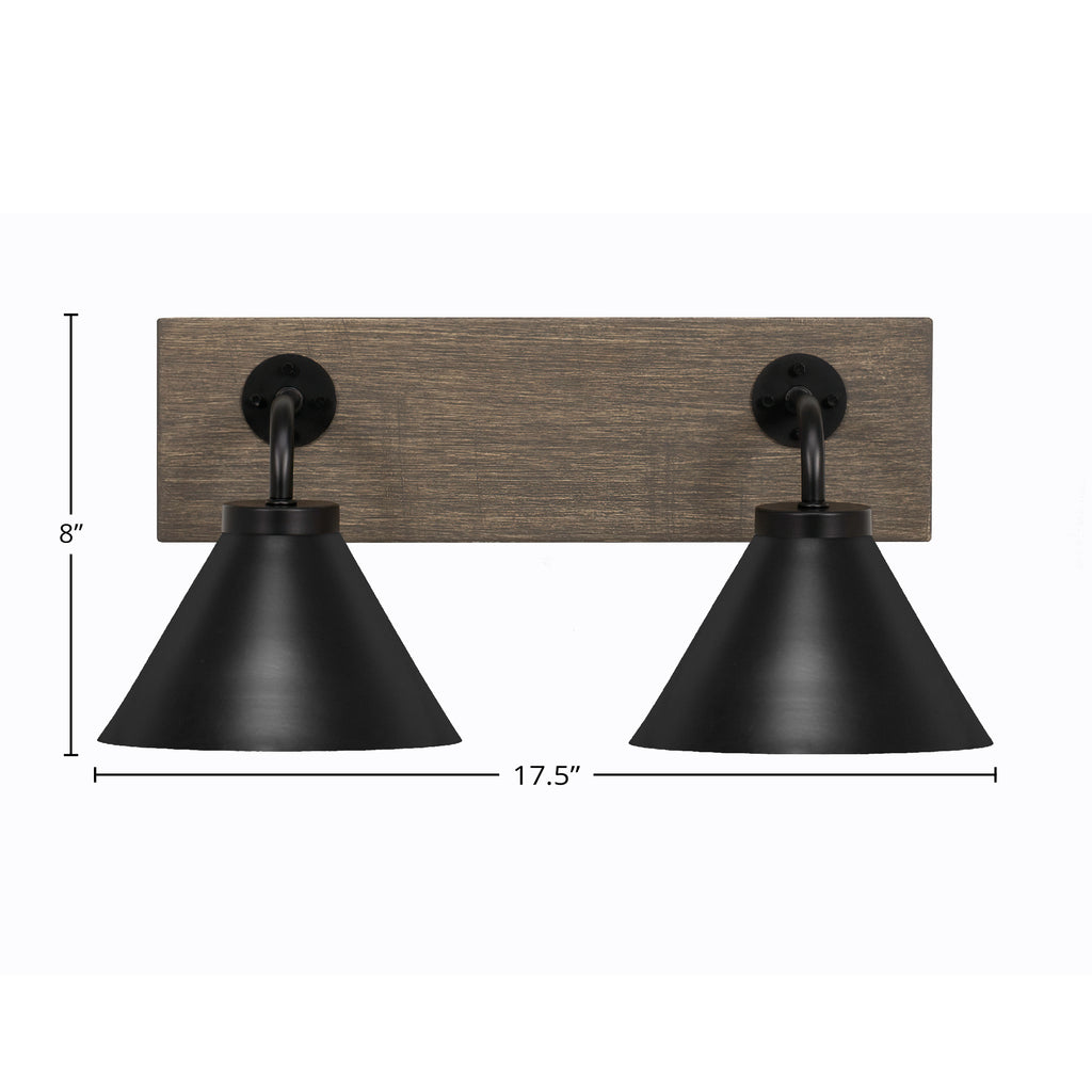 Oxbridge Two Light Bath Bar in Matte Black & Painted Distressed Wood-look Metal with 7" Matte Black Cone Metal Shade Shade