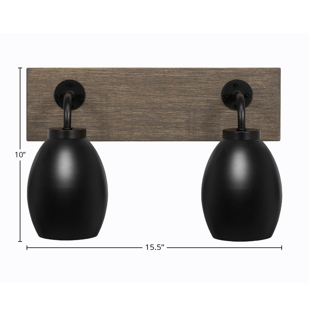 Oxbridge Two Light Bath Bar in Matte Black & Painted Distressed Wood-look Metal with 5" Matte Black Oval Metal Shade Shade