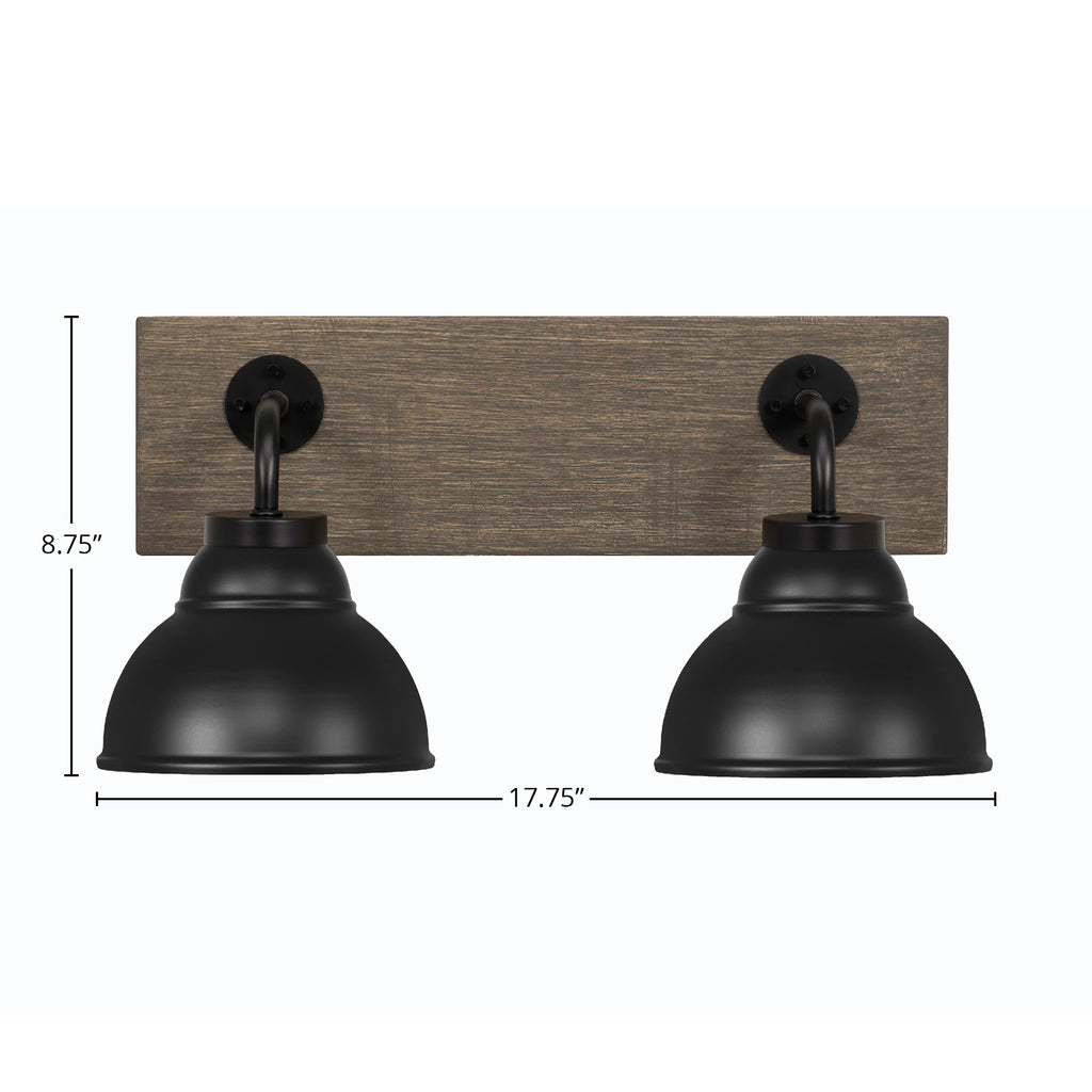 Oxbridge Two Light Bath Bar in Matte Black & Painted Distressed Wood-look Metal with 7" Matte Black Double Bubble Metal Shade Shade