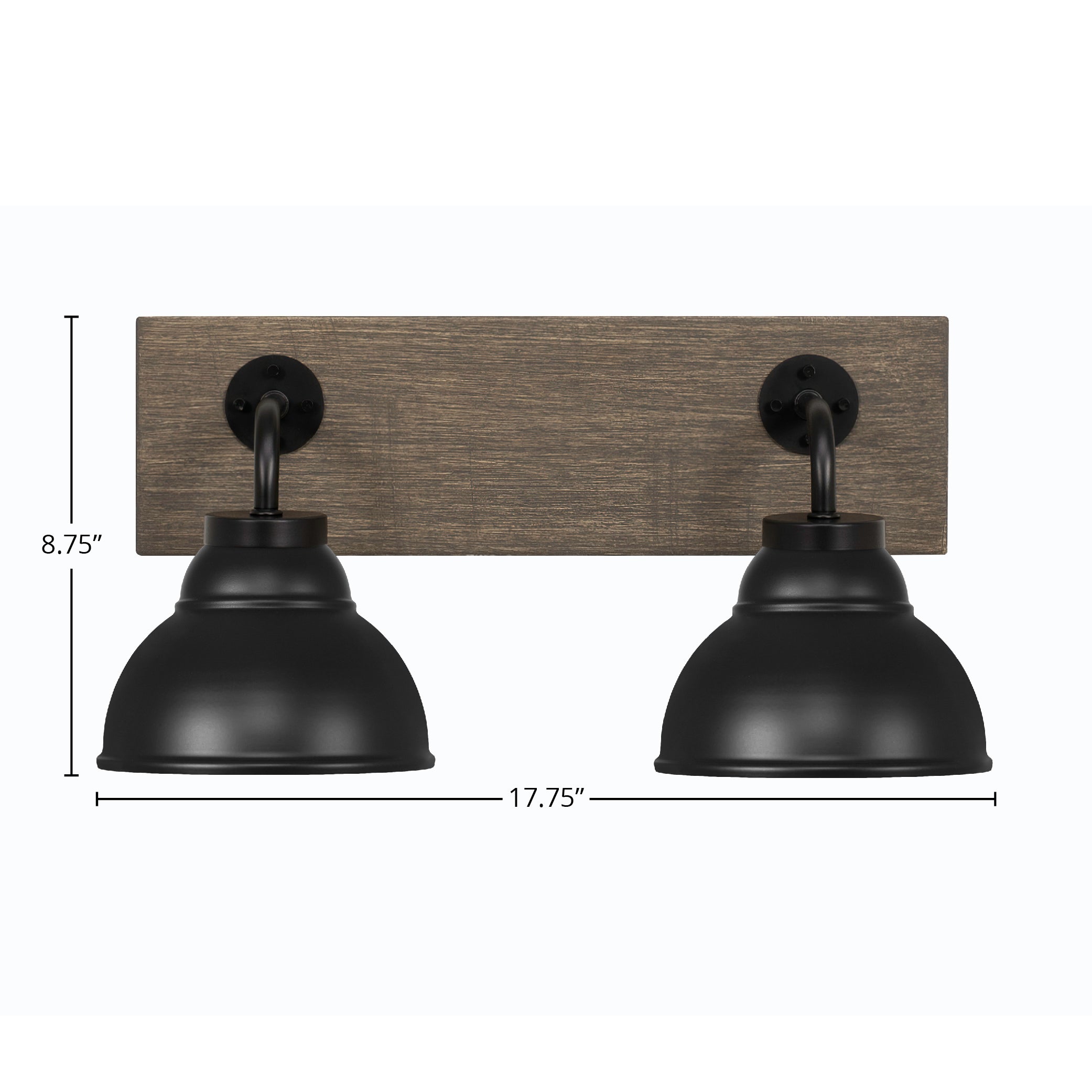 Oxbridge Two Light Bath Bar in Matte Black & Painted Distressed Wood-look Metal with 7" Matte Black Double Bubble Metal Shade Shade
