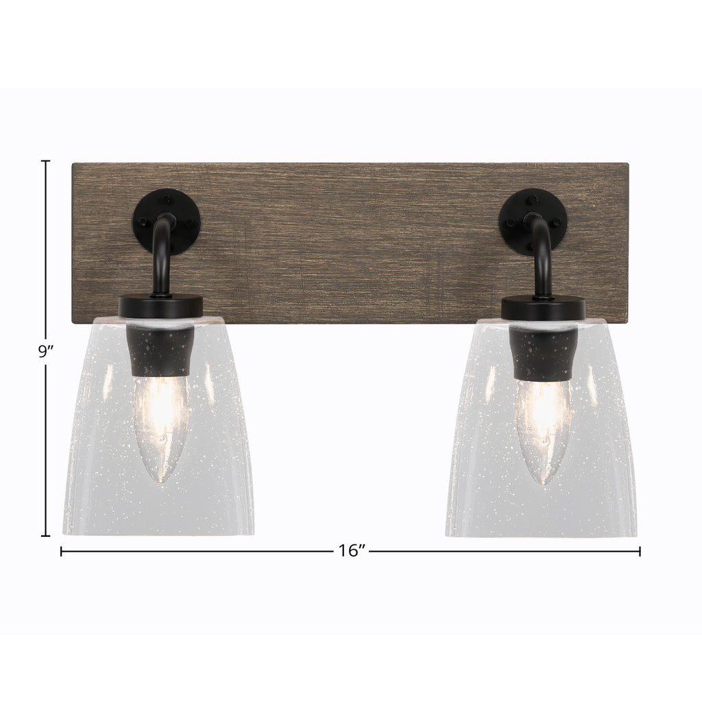 Oxbridge Two Light Bath Bar in Matte Black & Painted Distressed Wood-look Metal with 4.5" Square Clear Bubble Shade