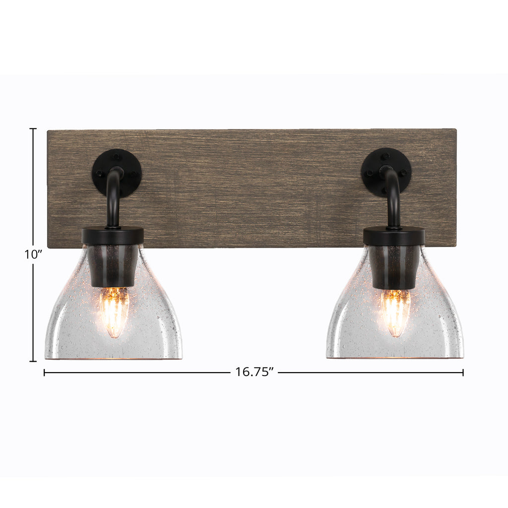 Oxbridge Two Light Bath Bar in Matte Black & Painted Distressed Wood-look Metal with 6.25" Clear Bubble Shade