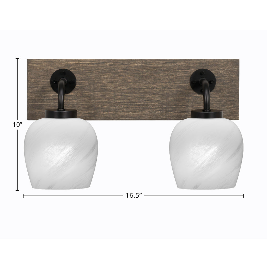 Oxbridge Two Light Bath Bar in Matte Black & Painted Distressed Wood-look Metal with 6" White Marble Shade