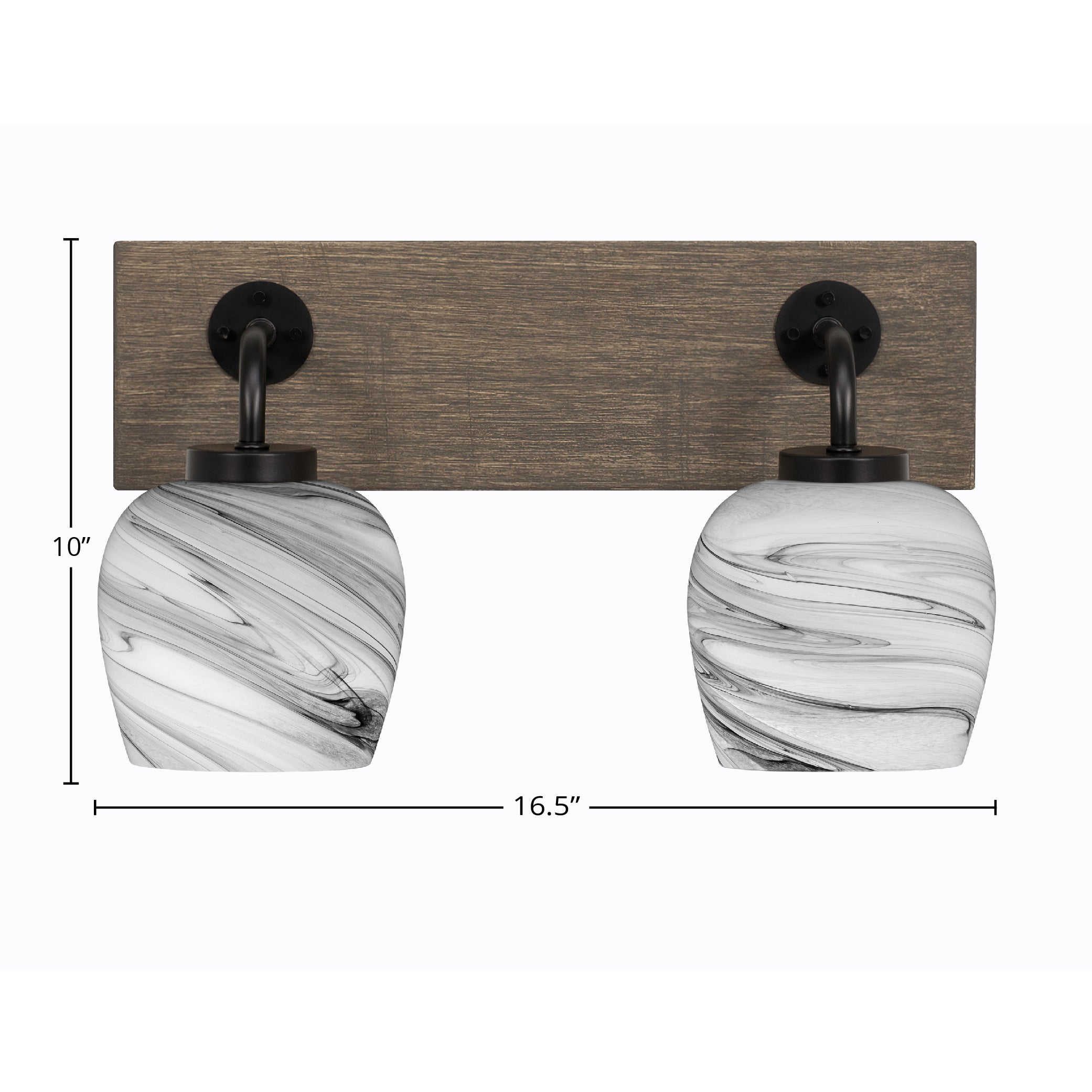 Oxbridge Two Light Bath Bar in Matte Black & Painted Distressed Wood-look Metal with 6" Onyx Swirl Shade
