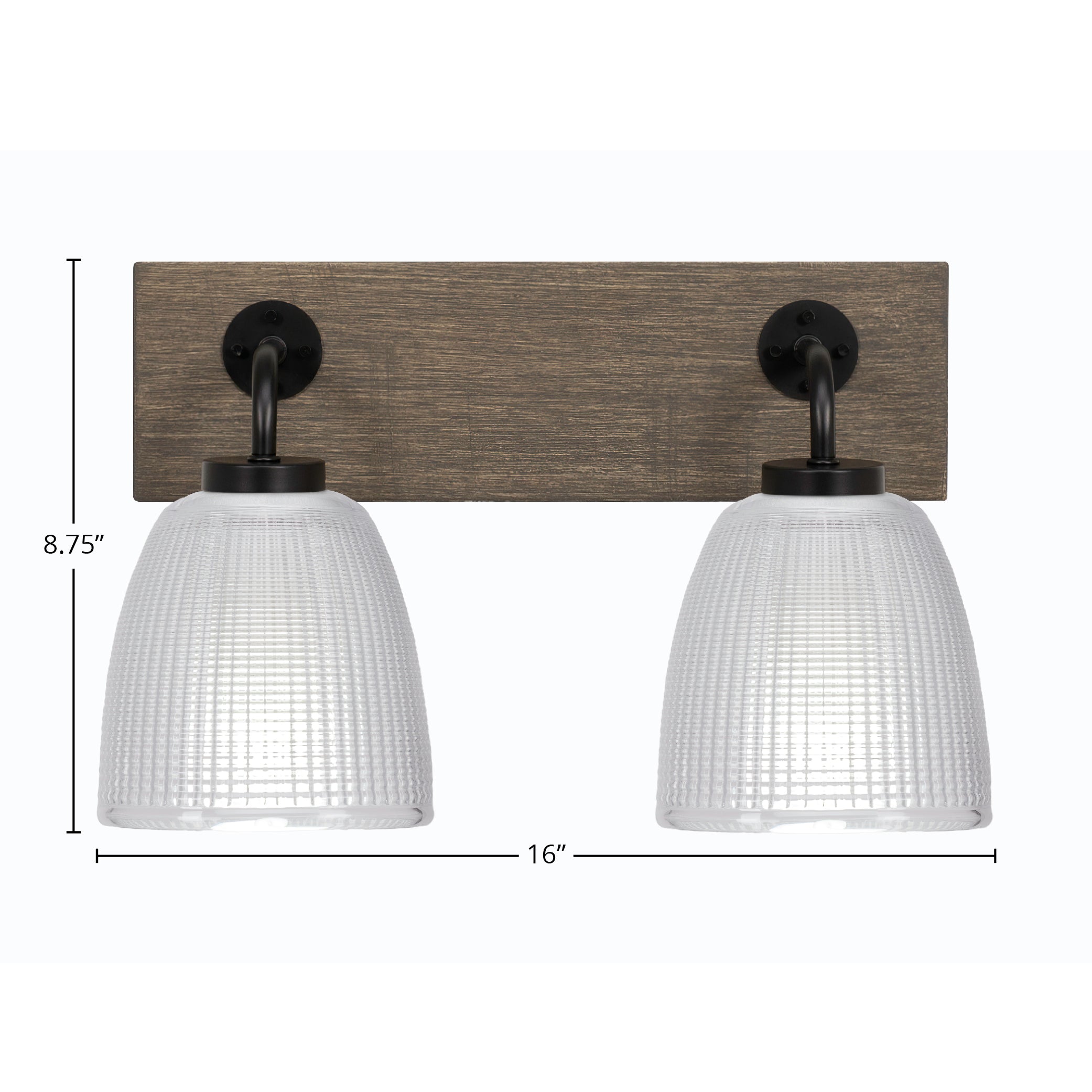 Oxbridge Two Light Bath Bar in Matte Black & Painted Distressed Wood-look Metal with 5" Clear Ribbed Shade