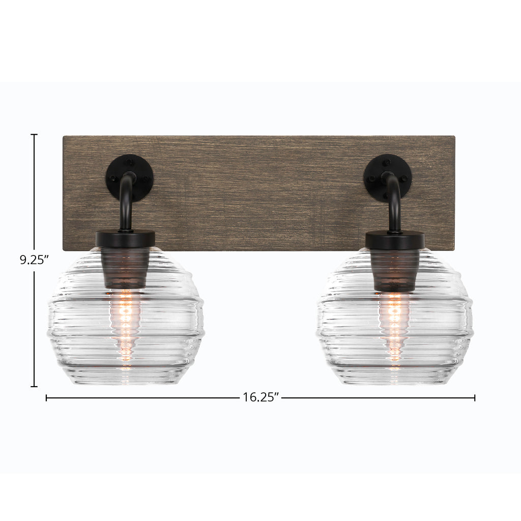 Oxbridge Two Light Bath Bar in Matte Black & Painted Distressed Wood-look Metal with 6" Clear Ribbed Shade