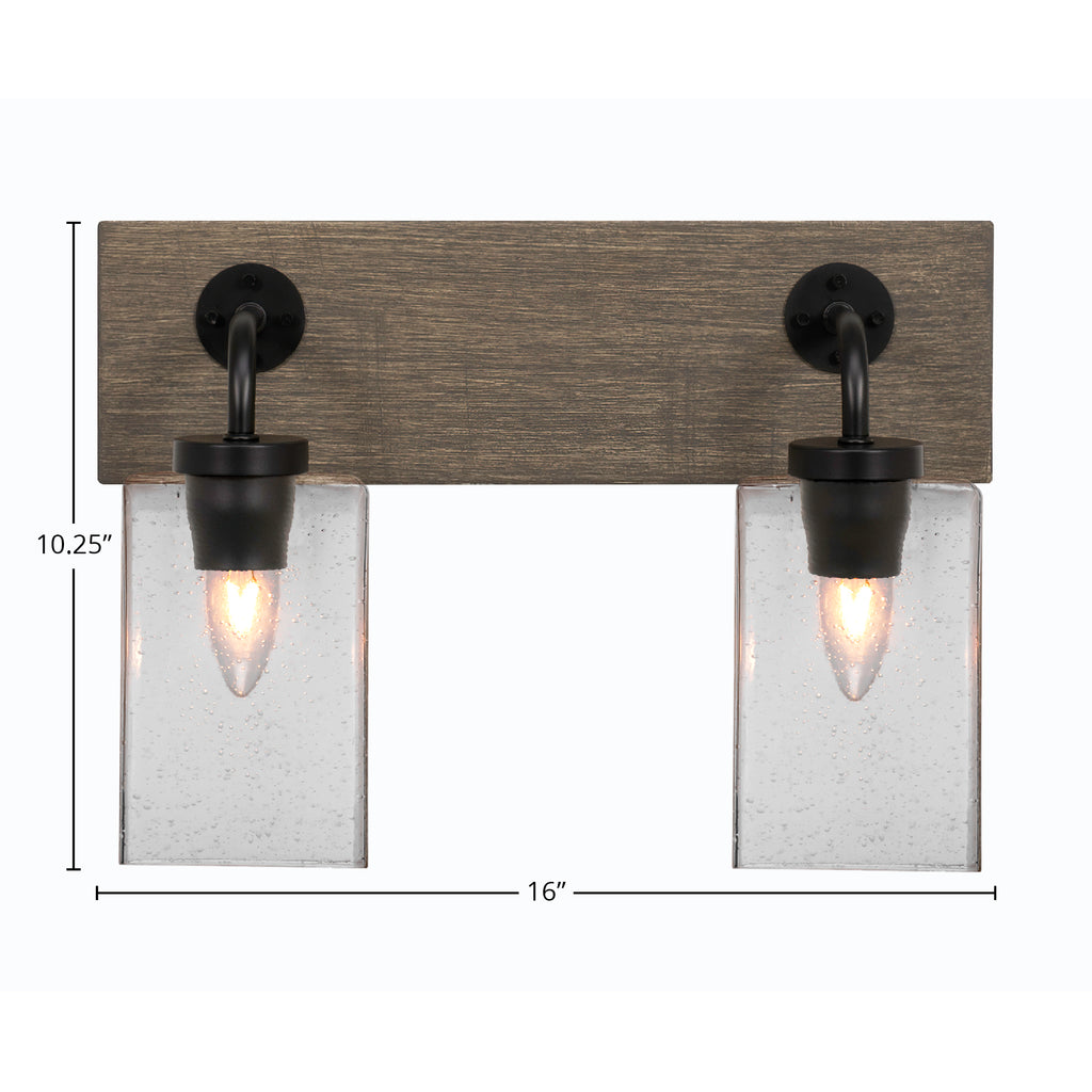 Oxbridge Two Light Bath Bar in Matte Black & Painted Distressed Wood-look Metal with 4" Square Clear Bubble Shade