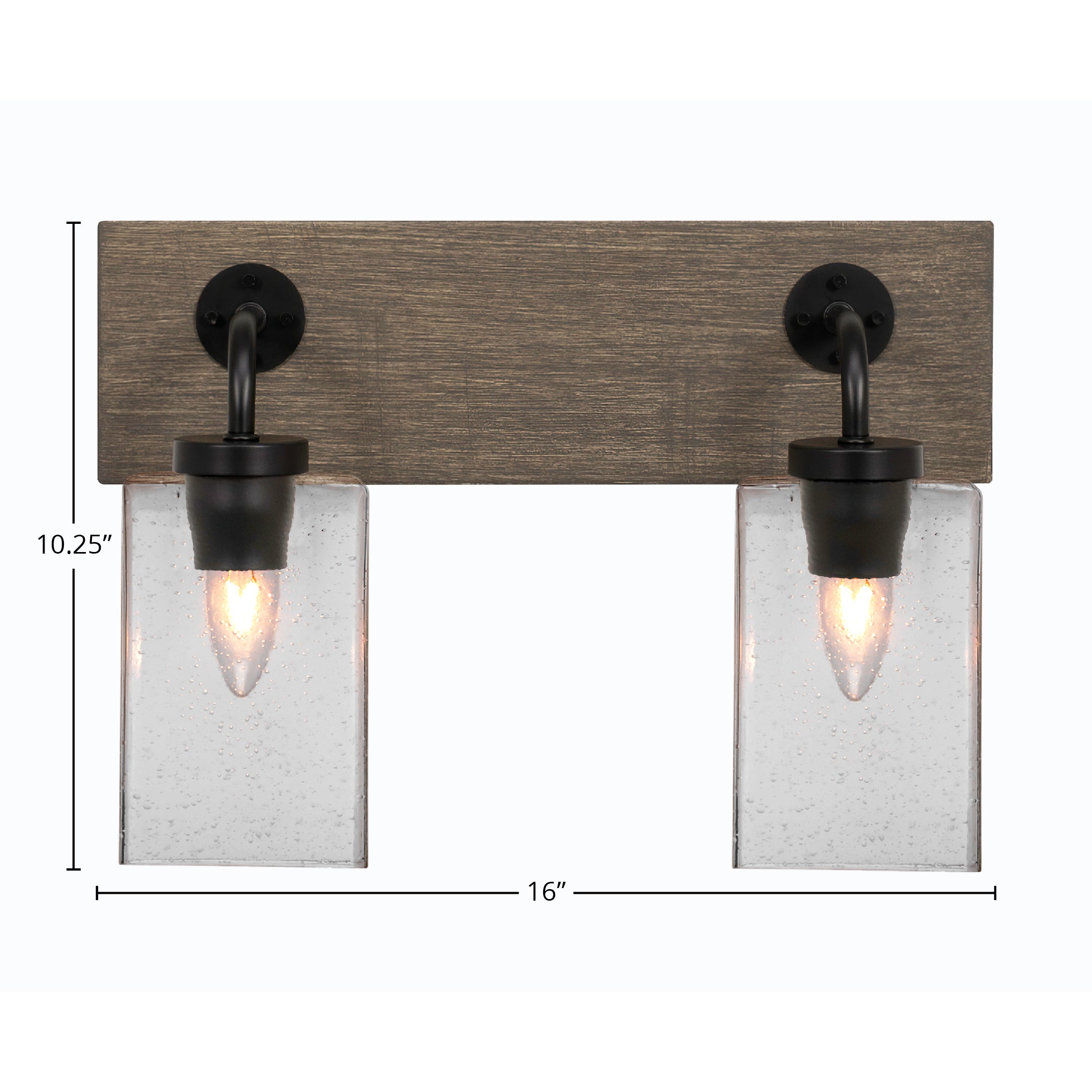 Oxbridge Two Light Bath Bar in Matte Black & Painted Distressed Wood-look Metal with 4" Square Clear Bubble Shade