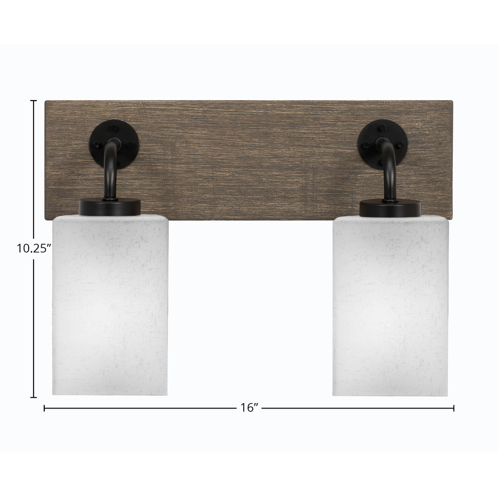 Oxbridge Two Light Bath Bar in Matte Black & Painted Distressed Wood-look Metal with 4" Square White Muslin Shade