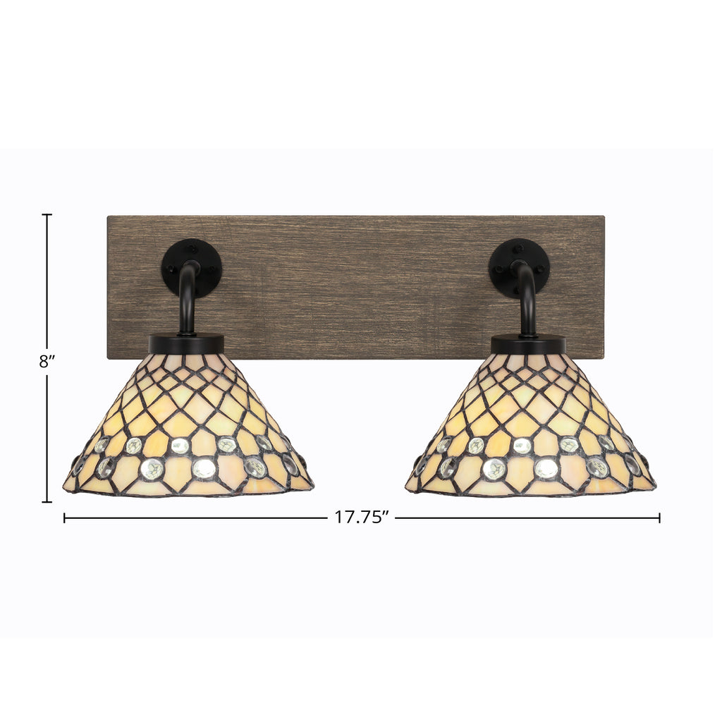 Oxbridge Two Light Bath Bar in Matte Black & Painted Distressed Wood-look Metal with 7" Starlight Art Glass Shade
