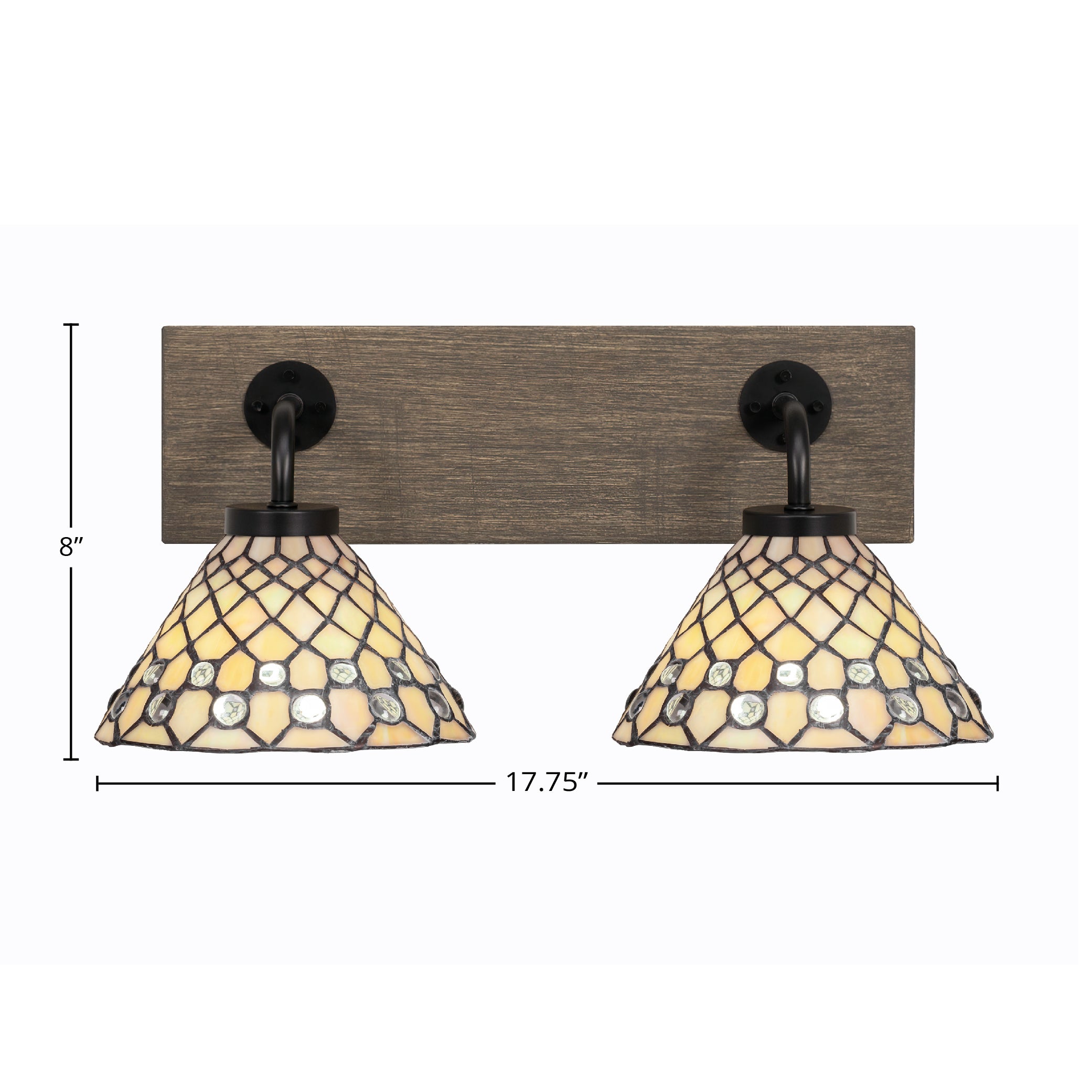 Oxbridge Two Light Bath Bar in Matte Black & Painted Distressed Wood-look Metal with 7" Starlight Art Glass Shade