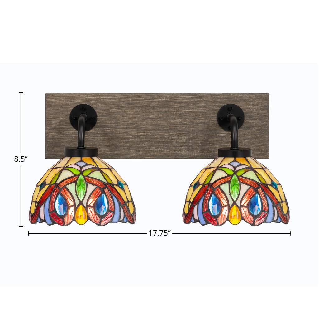 Oxbridge Two Light Bath Bar in Matte Black & Painted Distressed Wood-look Metal with 7" Lynx Art Glass Shade