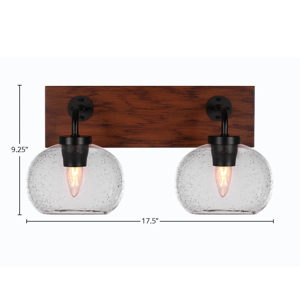 Oxbridge Two Light Bath Bar in Matte Black & Painted Wood-look Metal with 7" Clear Bubble Shade