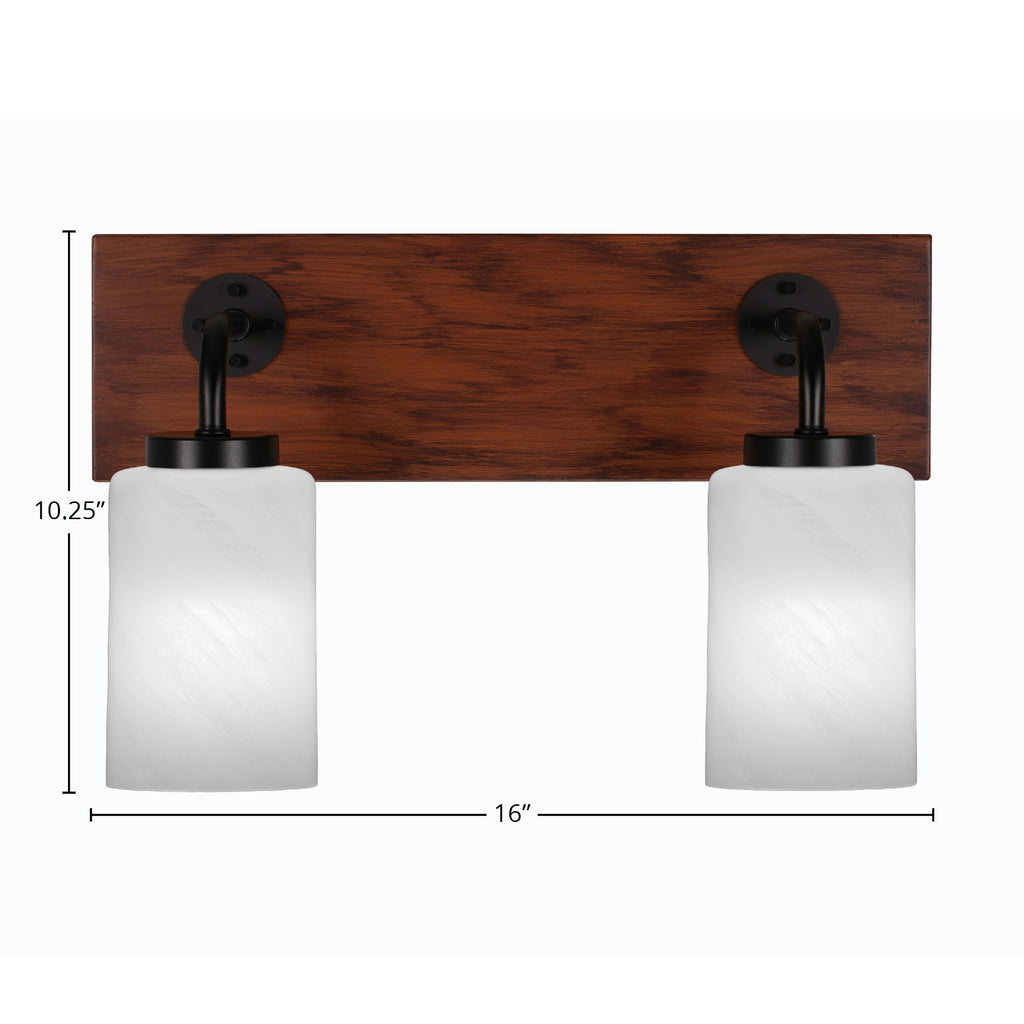 Oxbridge Two Light Bath Bar in Matte Black & Painted Wood-look Metal with 4" White Marble Shade