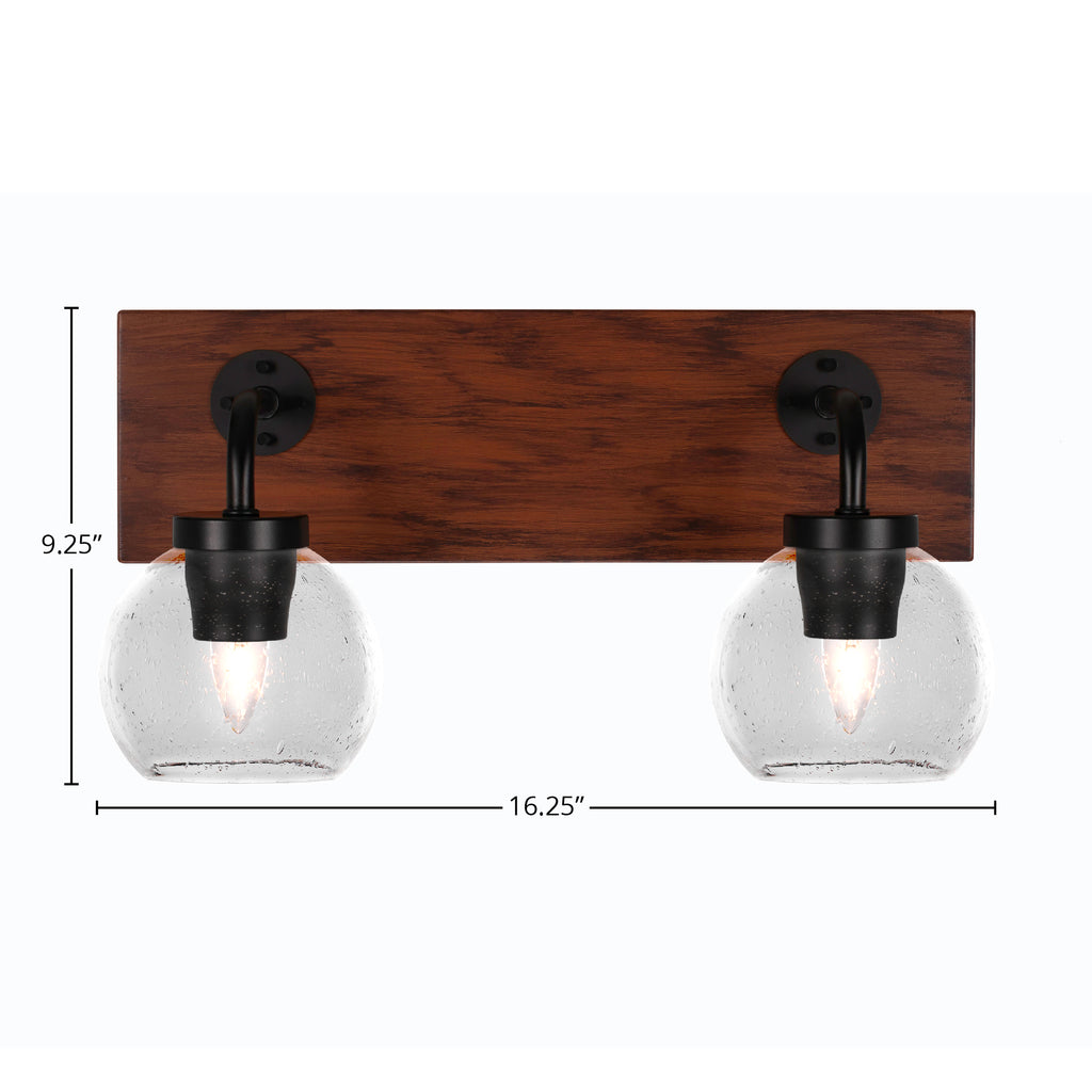 Oxbridge Two Light Bath Bar in Matte Black & Painted Wood-look Metal with 5.75" Clear Bubble Shade