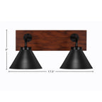 Oxbridge Two Light Bath Bar in Matte Black & Painted Wood-look Metal with 7" Matte Black Cone Metal Shade Shade
