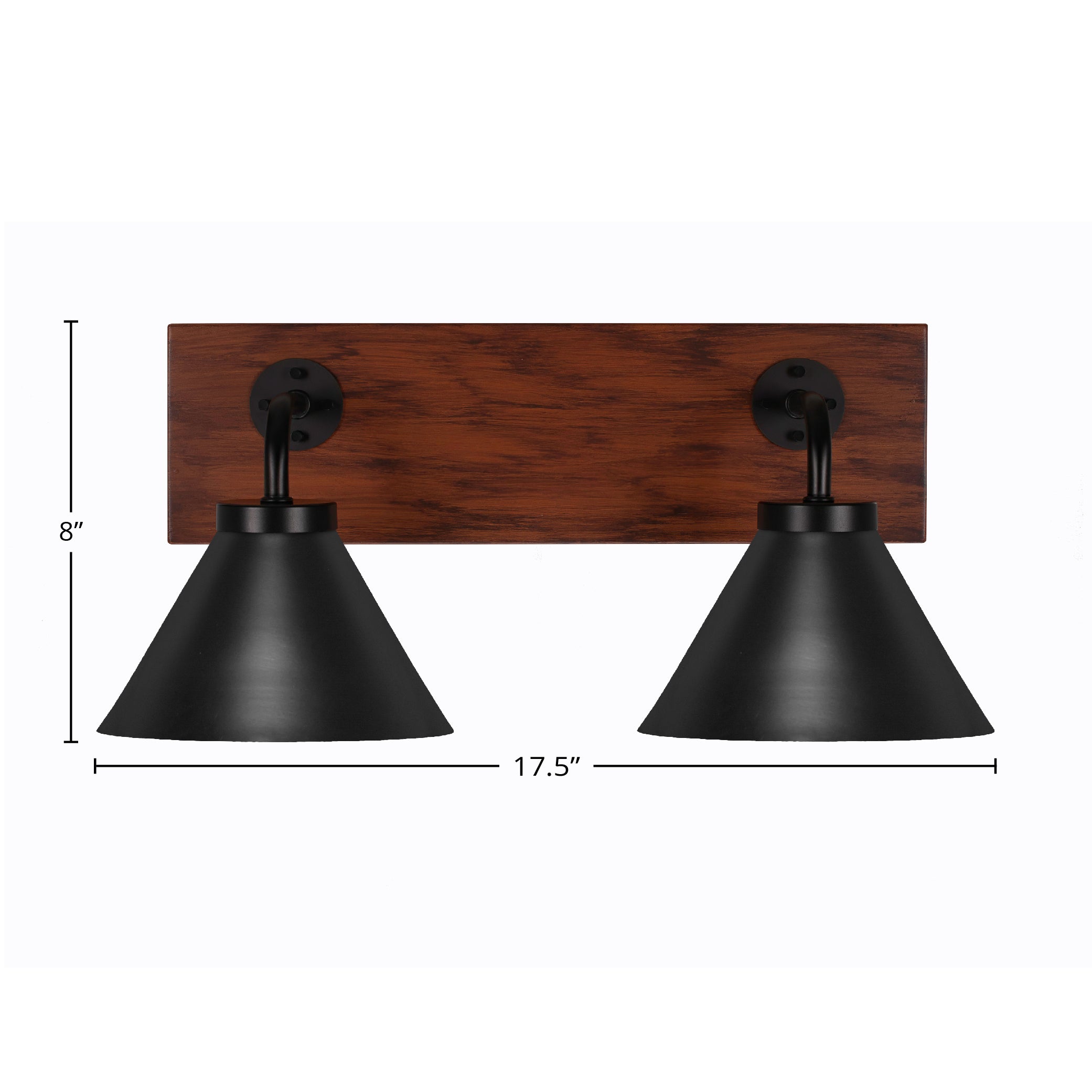 Oxbridge Two Light Bath Bar in Matte Black & Painted Wood-look Metal with 7" Matte Black Cone Metal Shade Shade