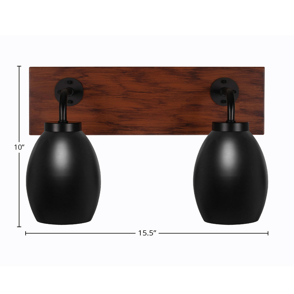 Oxbridge Two Light Bath Bar in Matte Black & Painted Wood-look Metal with 5" Matte Black Oval Metal Shade Shade
