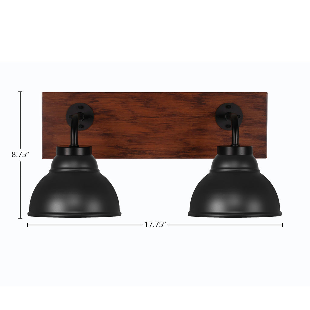 Oxbridge Two Light Bath Bar in Matte Black & Painted Wood-look Metal with 7" Matte Black Double Bubble Metal Shade Shade