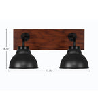 Oxbridge Two Light Bath Bar in Matte Black & Painted Wood-look Metal with 7" Matte Black Double Bubble Metal Shade Shade