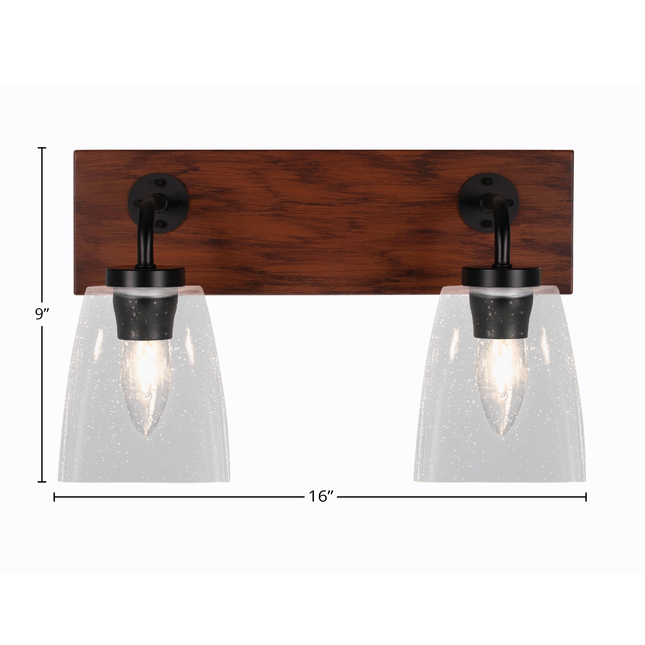 Oxbridge Two Light Bath Bar in Matte Black & Painted Wood-look Metal with 4.5" Square Clear Bubble Shade