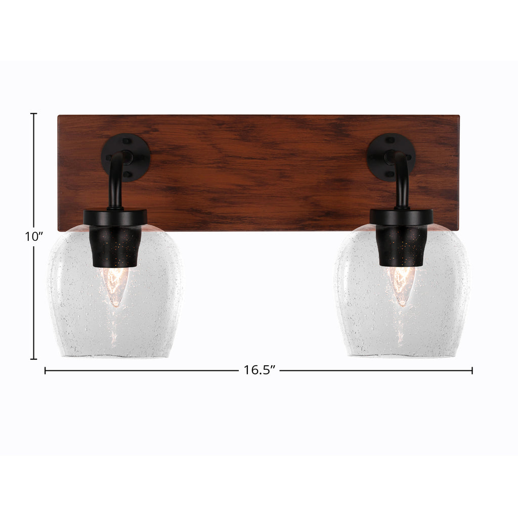 Oxbridge Two Light Bath Bar in Matte Black & Painted Wood-look Metal with 6" Clear Bubble Shade