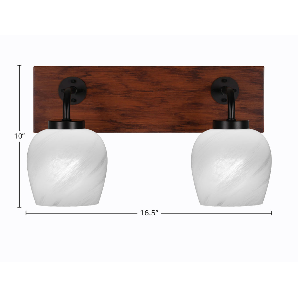 Oxbridge Two Light Bath Bar in Matte Black & Painted Wood-look Metal with 6" White Marble Shade