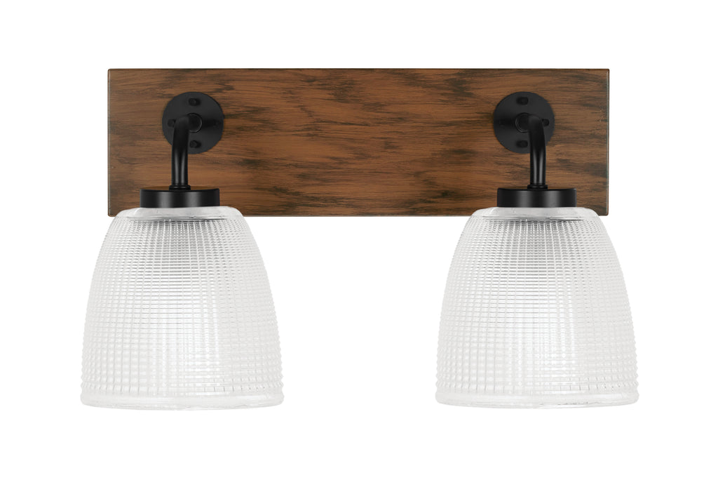 Oxbridge Two Light Bath Bar in Matte Black & Painted Wood-look Metal with 5" Clear Ribbed Shade