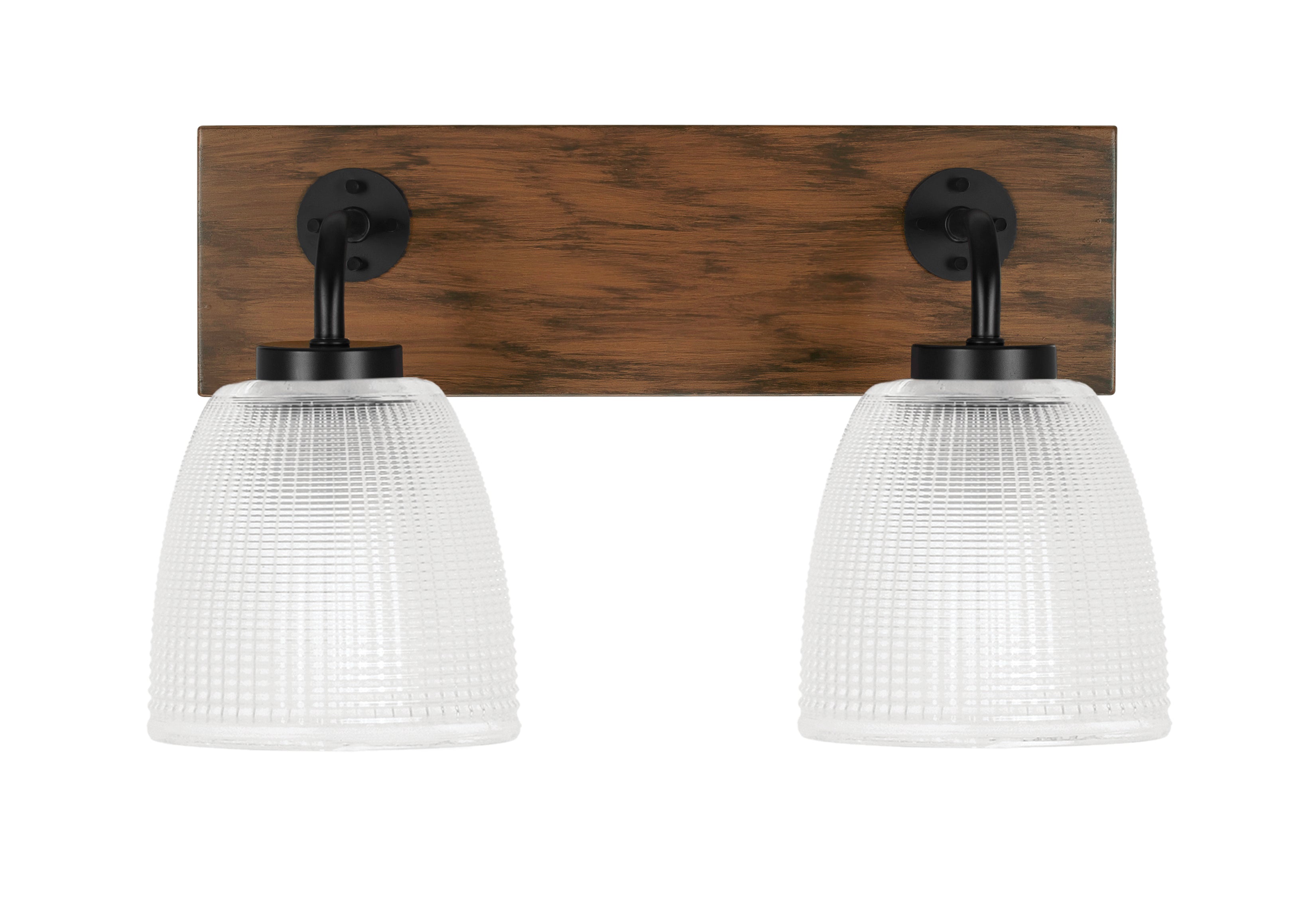Oxbridge Two Light Bath Bar in Matte Black & Painted Wood-look Metal with 5" Clear Ribbed Shade