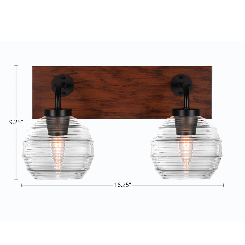 Oxbridge Two Light Bath Bar in Matte Black & Painted Wood-look Metal with 6" Clear Ribbed Shade