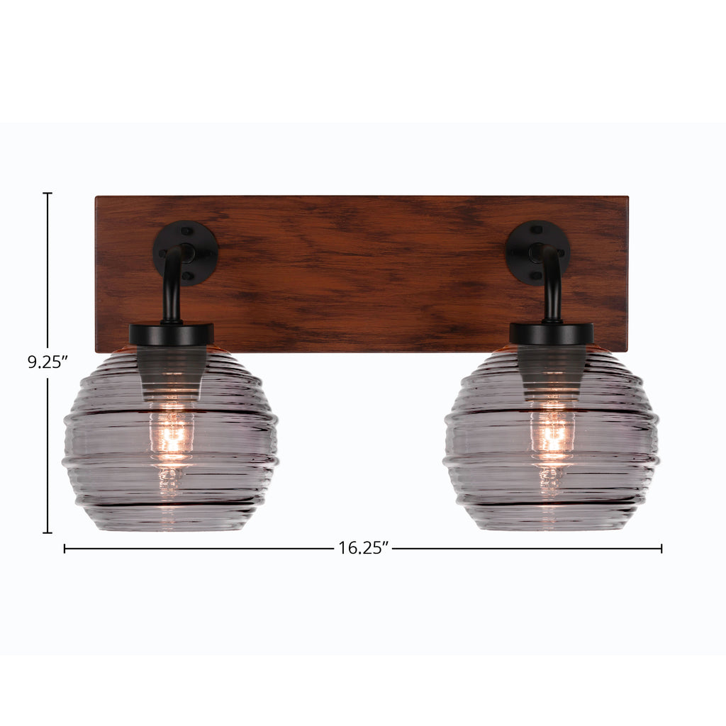 Oxbridge Two Light Bath Bar in Matte Black & Painted Wood-look Metal with 6" Smoke Ribbed Shade