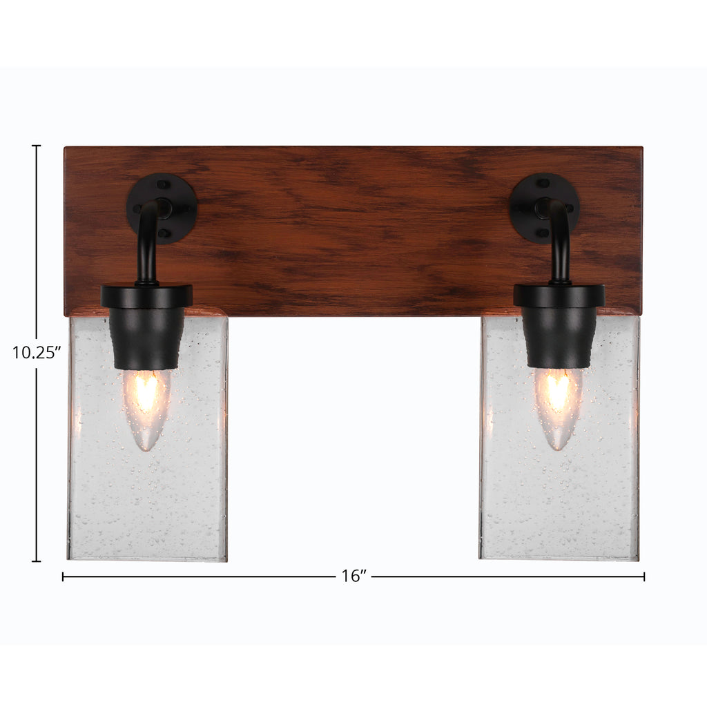 Oxbridge Two Light Bath Bar in Matte Black & Painted Wood-look Metal with 4" Square Clear Bubble Shade