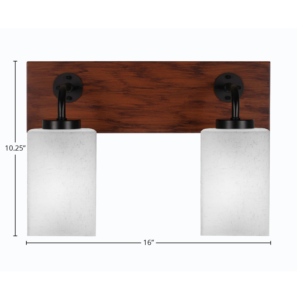 Oxbridge Two Light Bath Bar in Matte Black & Painted Wood-look Metal with 4" Square White Muslin Shade