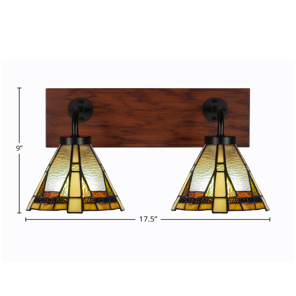 Oxbridge Two Light Bath Bar in Matte Black & Painted Wood-look Metal with 7" Zion Art Glass Shade