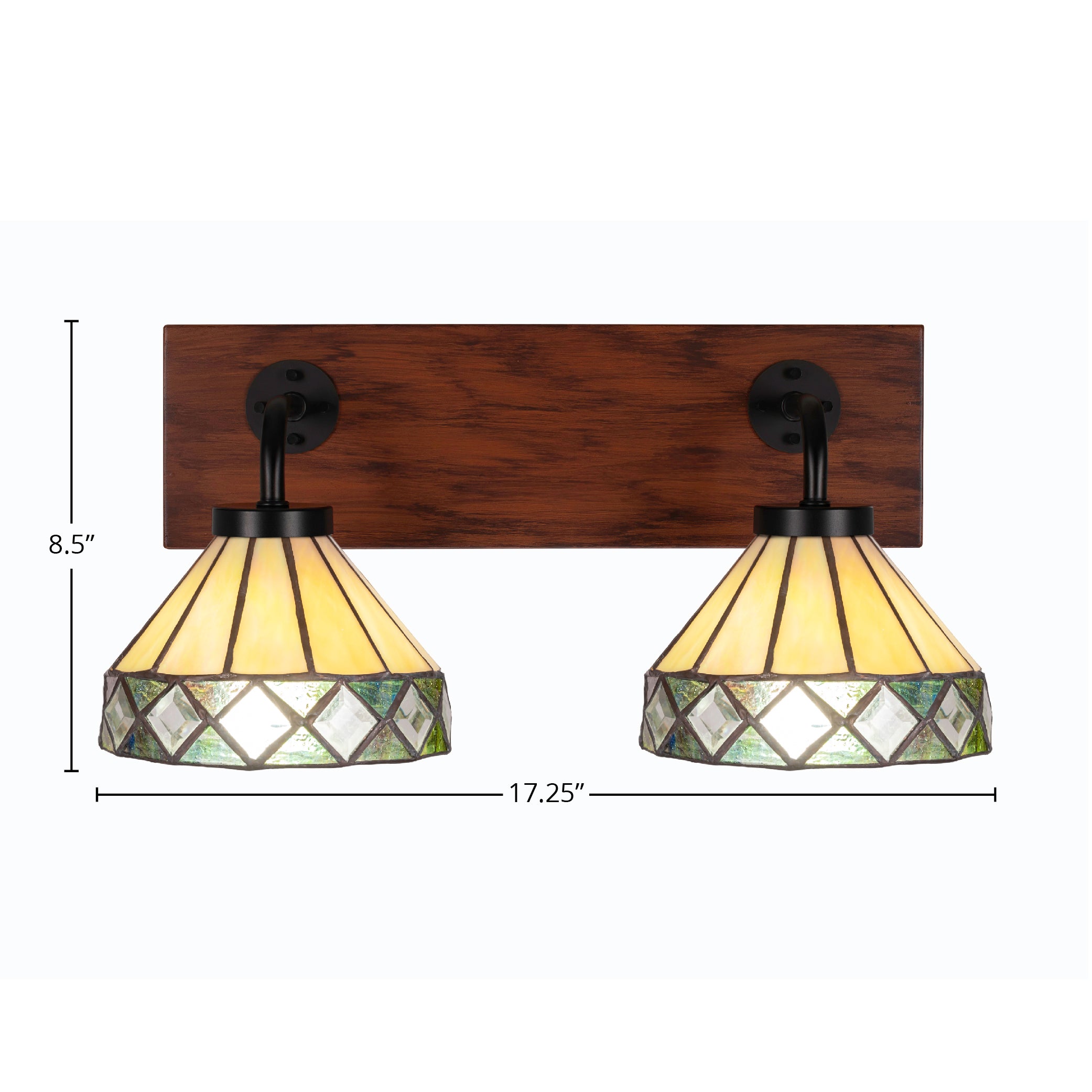 Oxbridge Two Light Bath Bar in Matte Black & Painted Wood-look Metal with 7" Diamond Peak Art Glass Shade