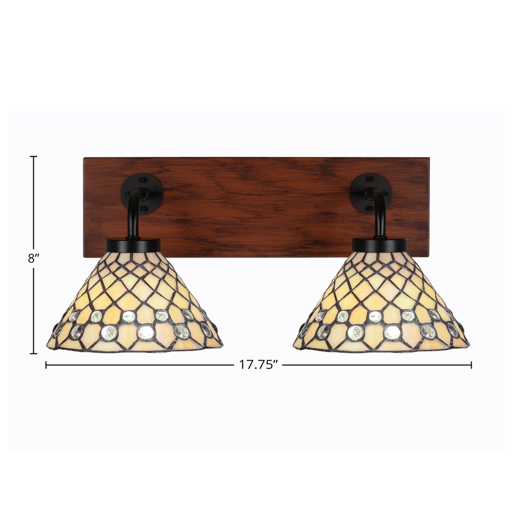 Oxbridge Two Light Bath Bar in Matte Black & Painted Wood-look Metal with 7" Starlight Art Glass Shade