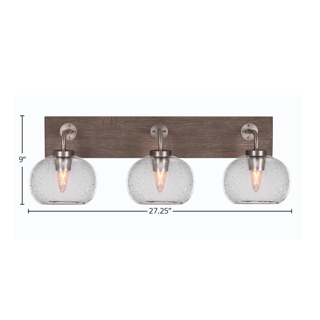 Oxbridge Three Light Bath Bar in Graphite & Painted Distressed Wood-look Metal with 7" Clear Bubble Shade