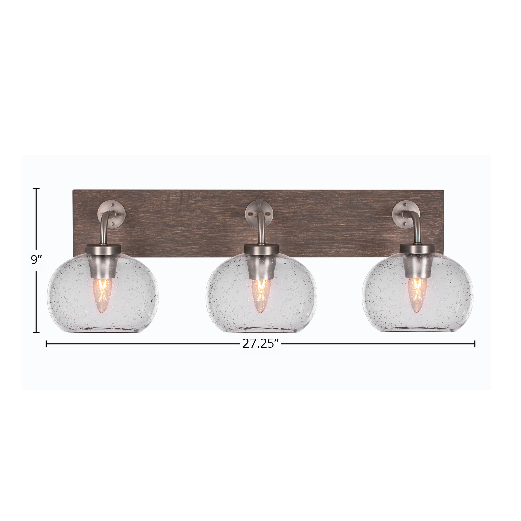 Oxbridge Three Light Bath Bar in Graphite & Painted Distressed Wood-look Metal with 7" Clear Bubble Shade