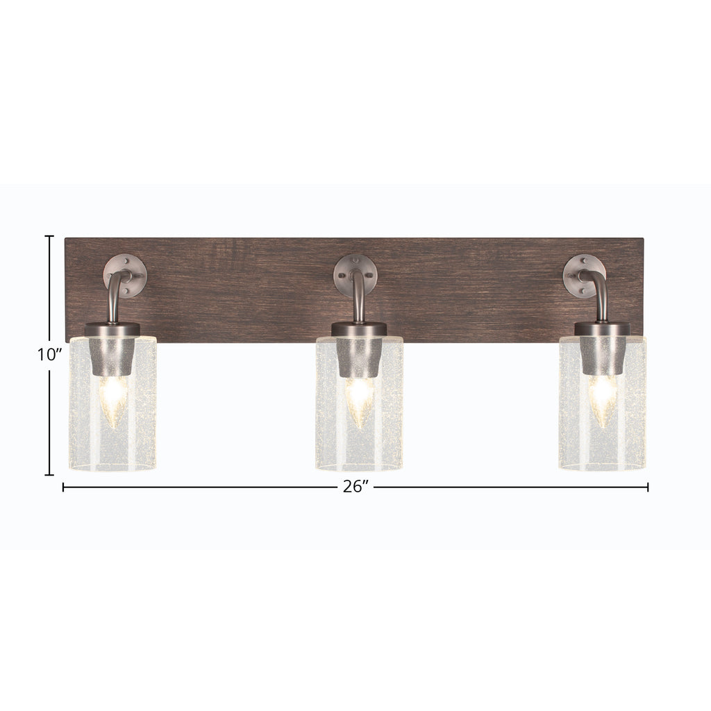 Oxbridge Three Light Bath Bar in Graphite & Painted Distressed Wood-look Metal with 4" Clear Bubble Shade