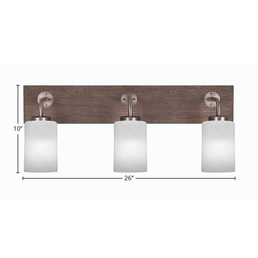 Oxbridge Three Light Bath Bar in Graphite & Painted Distressed Wood-look Metal with 4" White Marble Shade