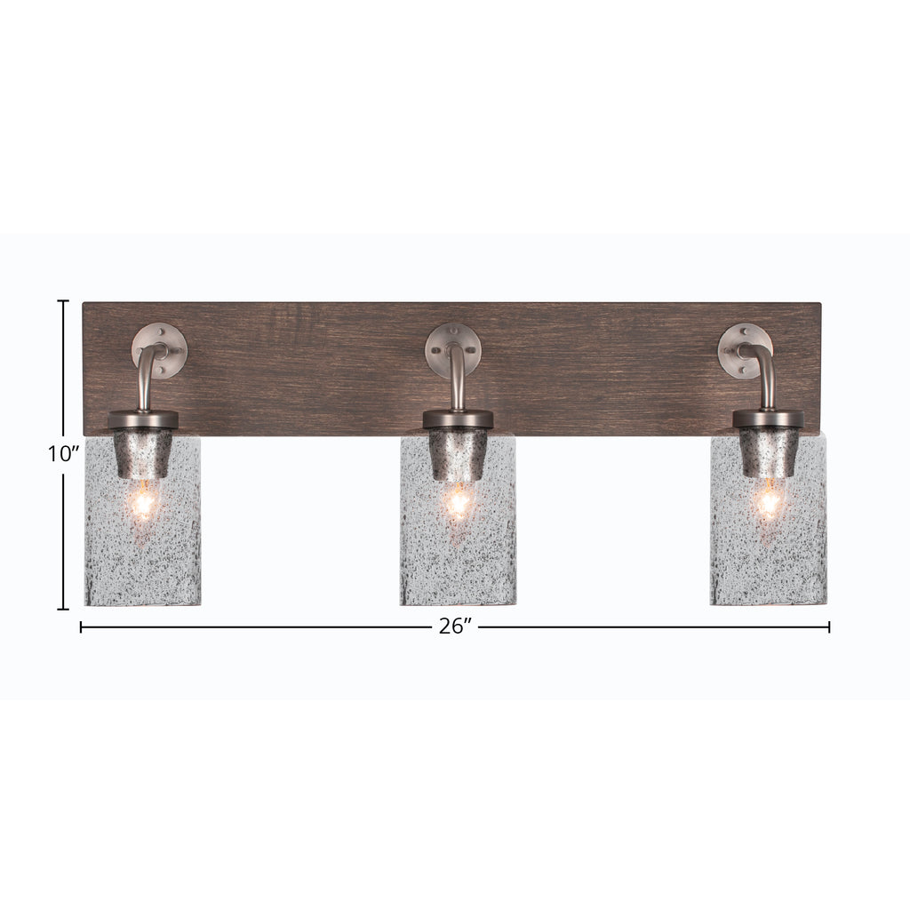 Oxbridge Three Light Bath Bar in Graphite & Painted Distressed Wood-look Metal with 4" Smoke Bubble Shade